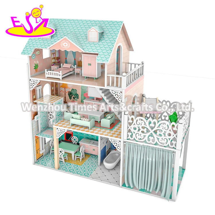 2022 New Design Princess Luxury Villa Girls Wooden Doll House with Garden W06A449